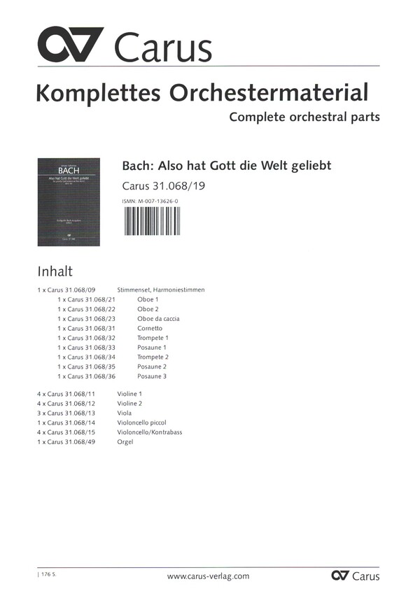 Also hat Gott die Welt geliebt&nbsp;&nbsp;für Soli (SB), gem Chor und Orchester&nbsp;&nbsp;Orchestermaterial (Harmonie und Streicher 4-4-3-1-4)