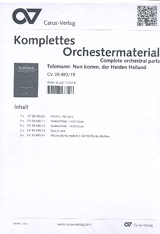 Nun komm der Heiden Heiland TVWV 1:1178&nbsp;&nbsp;für Soli, gem Chor und Orchester&nbsp;&nbsp;Orchestermaterial (Partitur und Stimmen 4-4-2-3)