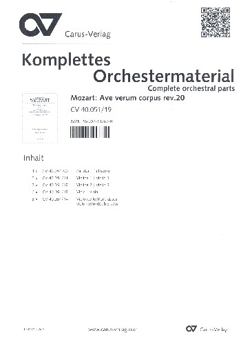 Ave verum corpus&nbsp;&nbsp;für gem Chor und Streicher&nbsp;&nbsp;Partitur und Stimmen (3-3-2-3)