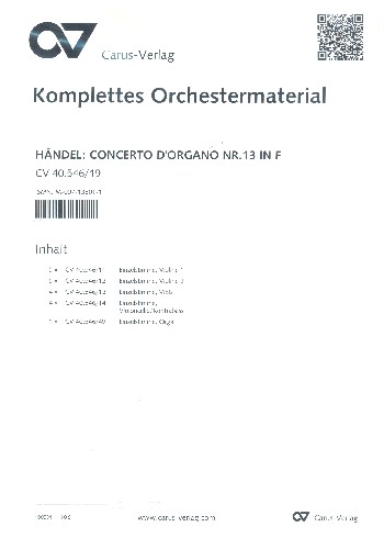 Konzert F-Dur Nr.13&nbsp;&nbsp;für Orgel und Orchester&nbsp;&nbsp;Stimmensatz (Streicher 5-5-4-4)