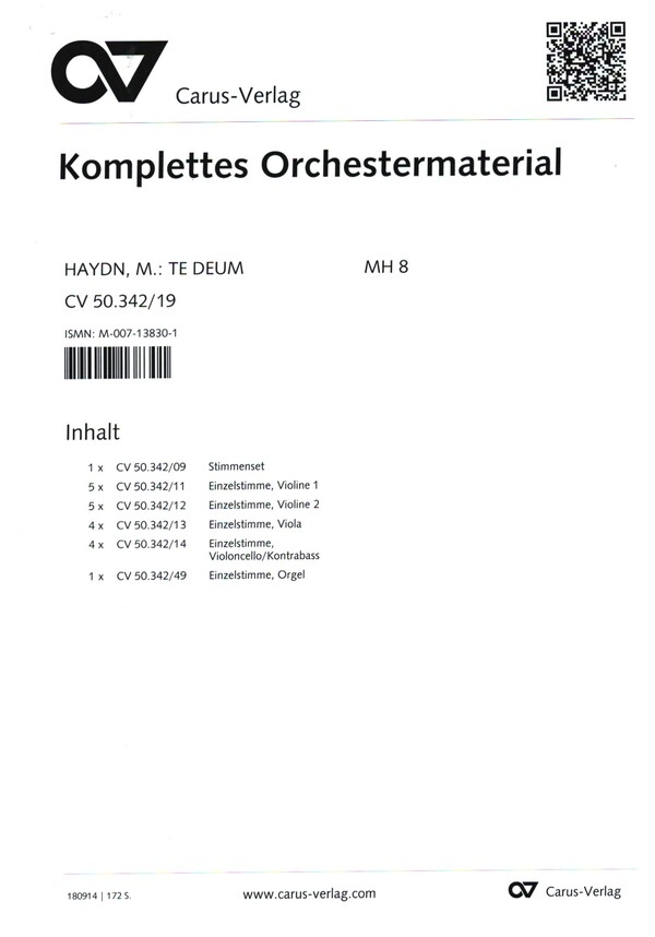 Te Deum D-Dur MH827  für gem Chor, Orchester und Orgel  Komplettes Orchestermaterial