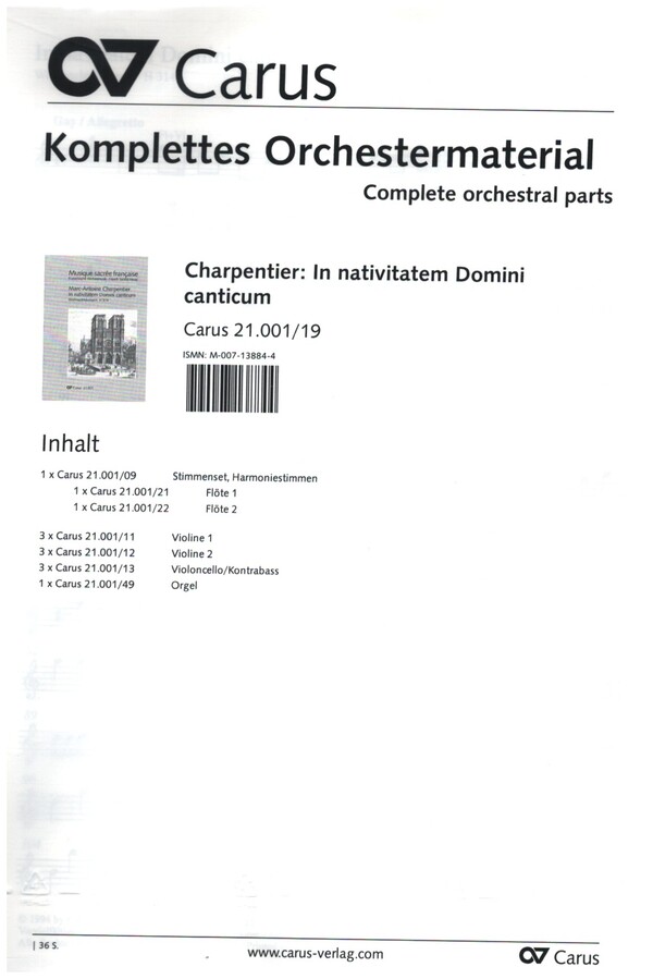 In nativitatem Domini canticum&nbsp;&nbsp;für Soli, gem Chor und Orchester&nbsp;&nbsp;Stimmenset, komplettes Orchestermaterial