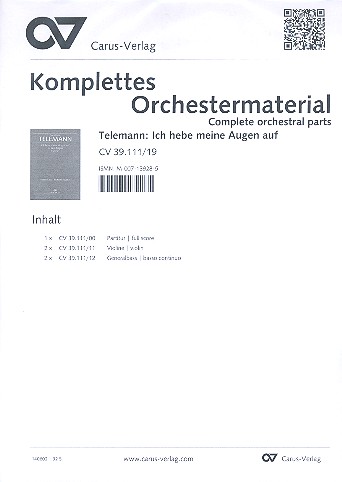 Ich hebe meine Augenauf  zu den Bergen TVWV7:15&nbsp;&nbsp;für Tenor, Violine und Bc&nbsp;&nbsp;Partitur und Stimmen