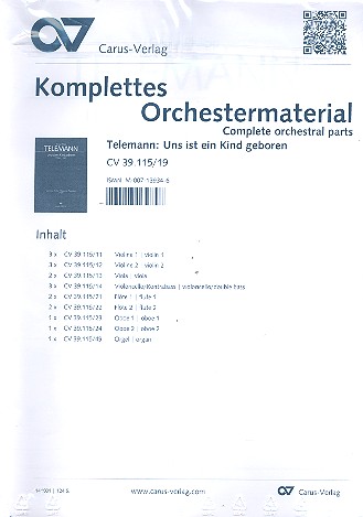 Uns ist ein Kind geboren TVWV1:1452&nbsp;&nbsp;für Soli, gem Chor und Orchester&nbsp;&nbsp;Stimmensatz (Streicher 3-3-2-3)