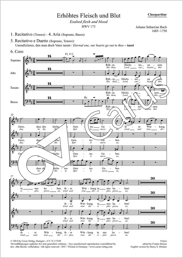 Bach, Johann Sebastian Erhöhtes Fleisch und Blut&nbsp;&nbsp;Soli SATB, Coro SATB, 2 Fl, 2 Vl, Va, Bc&nbsp;&nbsp;Chorpartitur