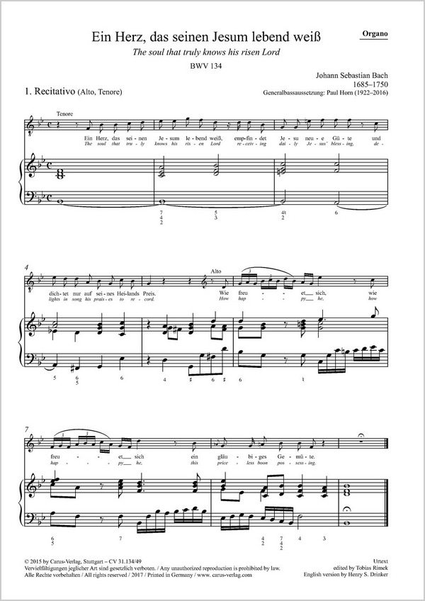 Ein Herz das seinen Jesum lebend weiss BWV134&nbsp;&nbsp;für Soli, gem Chor, 2 Oboen, 2 Violinen, Viola, Bc&nbsp;&nbsp;Orgel