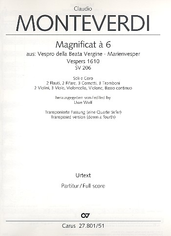 Magnificat à 6 aus der Marienvesper SV206 (transponierte Fassung)&nbsp;&nbsp;für Soli, gem Chor und Orchester&nbsp;&nbsp;Partitur