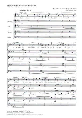 3 beaux oiseaux du Paradis  für Solostimme (SATB) und gem Chor a cappella  Chorpartitur (fr)