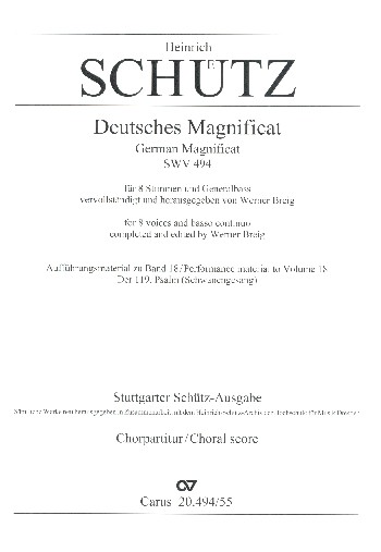 Deutsches Magnificat SWV494 (vervollständigte Fassung)&nbsp;&nbsp;für 8 Stimmen (gem Chor) und Bc&nbsp;&nbsp;Partitur ohne Umschlag (dt)