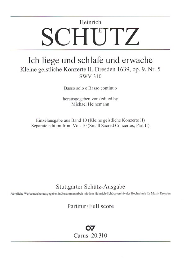 Ich liege und schlafe und erwache op.9,5 SWV310&nbsp;&nbsp;für Basso solo und Bc&nbsp;&nbsp;Partitur