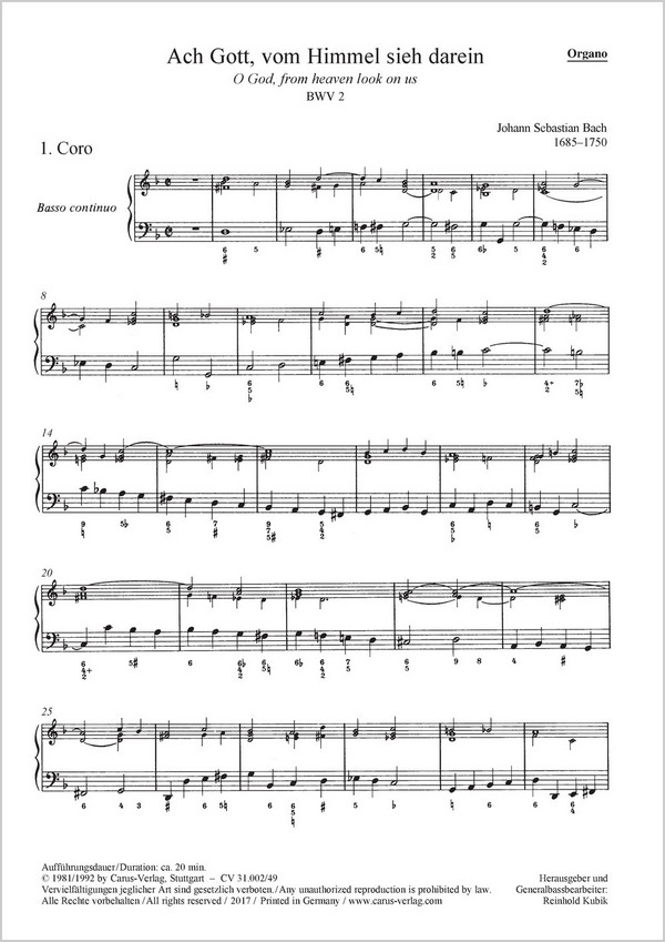 Bach, Johann Sebastian Ach Gott, vom Himmel sieh darein&nbsp;&nbsp;Soli ATB, Coro SATB, 2 Ob, 4 Trb, Vl solo, 2 Vl, Va, Bc&nbsp;&nbsp;Einzelstimme, Orgel