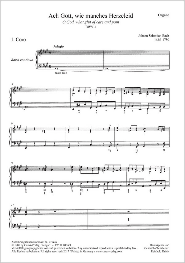 Bach, Johann Sebastian Ach Gott, wie manches Herzeleid&nbsp;&nbsp;Soli SATB, Coro SATB, 2 Obda, Cor (Ctto), Trb, 2 Vl, Va, Bc&nbsp;&nbsp;Einzelstimme, Orgel