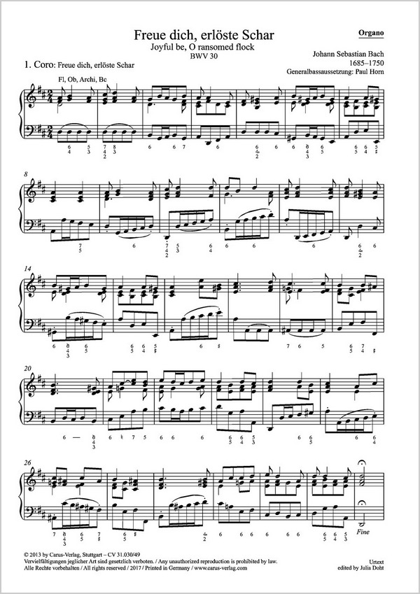  Freue dich, erlöste Schar&nbsp;&nbsp;für Soli, gem Chor, 2 Fl,2  Ob/Obda,  Vl solo, 2 Vl, Va, Bc&nbsp;&nbsp;Orgel