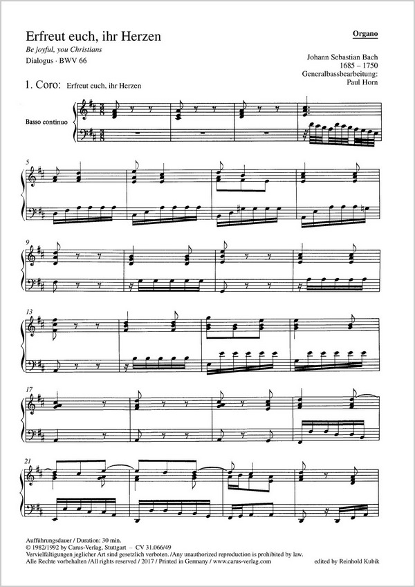 Erfreut euch, ihr Herzen &nbsp;&nbsp;Kantate Nr.66 BWV66&nbsp;&nbsp;Orgel