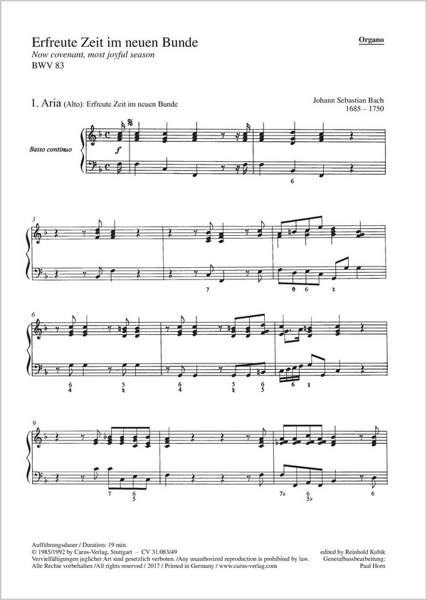 Bach, Johann Sebastian Erfreute Zeit im neuen Bunde&nbsp;&nbsp;Soli ATB, Coro SATB, 2 Ob, 2 Cor, Vl solo, 2 Vl, Va, Bc&nbsp;&nbsp;Einzelstimme, Orgel