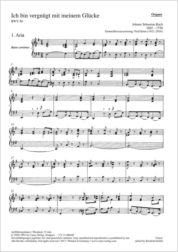 Bach, Johann Sebastian Ich bin vergnügt mit meinem Glücke&nbsp;&nbsp;Solo S, Coro SATB, Ob, Vl solo, 2 Vl, Va, Bc&nbsp;&nbsp;Einzelstimme, Orgel