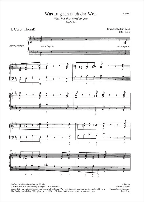 Bach, Johann Sebastian Was frag ich nach der Welt&nbsp;&nbsp;Soli SATB, Coro SATB, Fl, 2 Ob/2 Obda, 2 Vl, Va, Bc&nbsp;&nbsp;Einzelstimme, Orgel