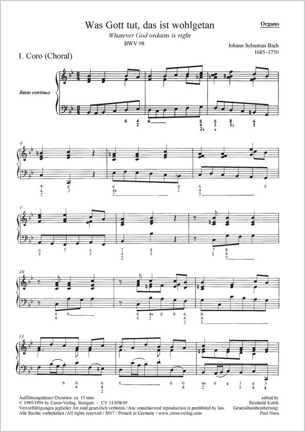 Bach, Johann Sebastian Was Gott tut, das ist wohlgetan&nbsp;&nbsp;Soli SATB, Coro SATB, 2 Ob, Tl (Eh), 2 Vl, Va, Bc&nbsp;&nbsp;Einzelstimme, Orgel