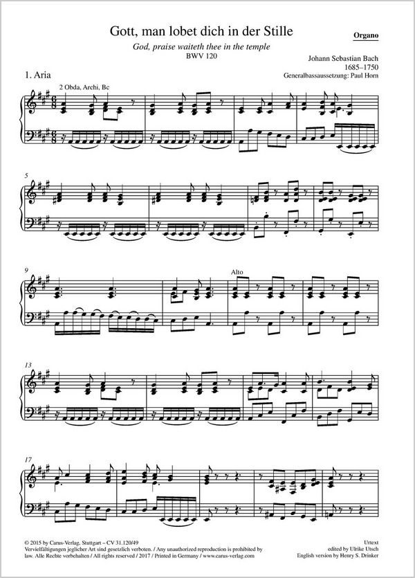 Bach, Johann Sebastian Gott, man lobet dich in der Stille&nbsp;&nbsp;Soli SATB, Coro SATB, 2 Obda, 3 Trb, Timp, Vl conc, 2 Vl, Va, Bc&nbsp;&nbsp;Einzelstimme, Orgel
