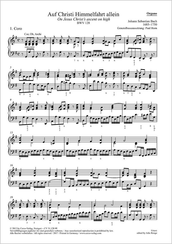 Bach, Johann Sebastian Auf Christi Himmelfahrt allein&nbsp;&nbsp;Soli ATB, Coro SATB, 2 Ob (Bb, Obda), Obca, Tr, 2 Cor, 2 Vl, Va, Bc&nbsp;&nbsp;Einzelstimme, Orgel