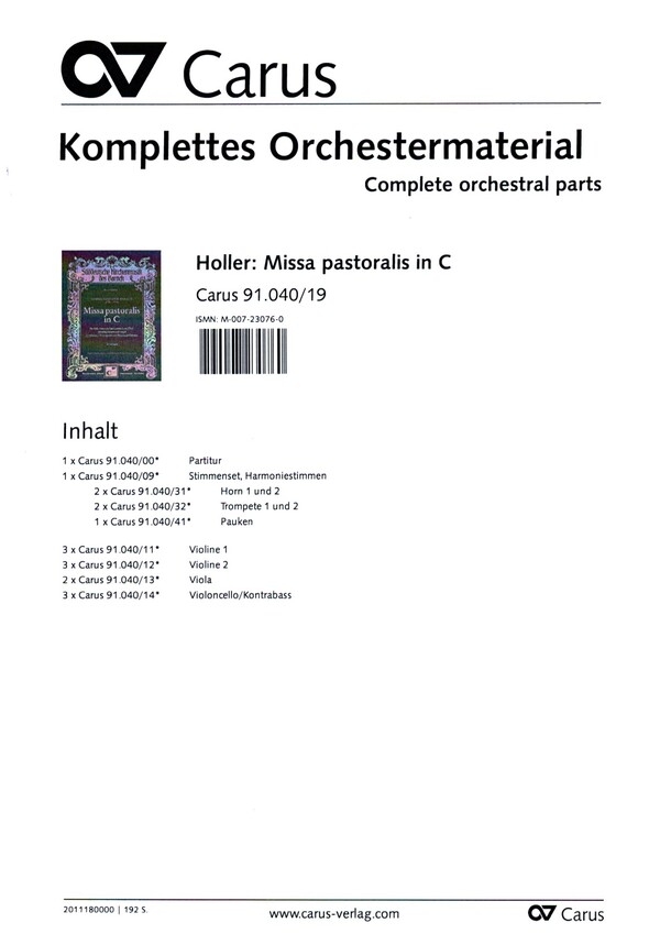 Missa pastoralis C-Dur  für Soli, gem Chor, Streicher und Orgel (Bläser ad lib)  Stimmenset