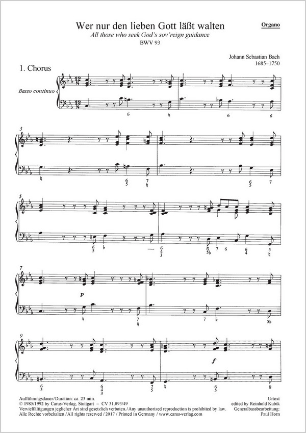 Bach, Johann Sebastian Wer nur den lieben Gott lässt walten&nbsp;&nbsp;Soli SATB, Coro SATB, 2 Ob, 2 Vl, Va, Bc&nbsp;&nbsp;Einzelstimme, Orgel