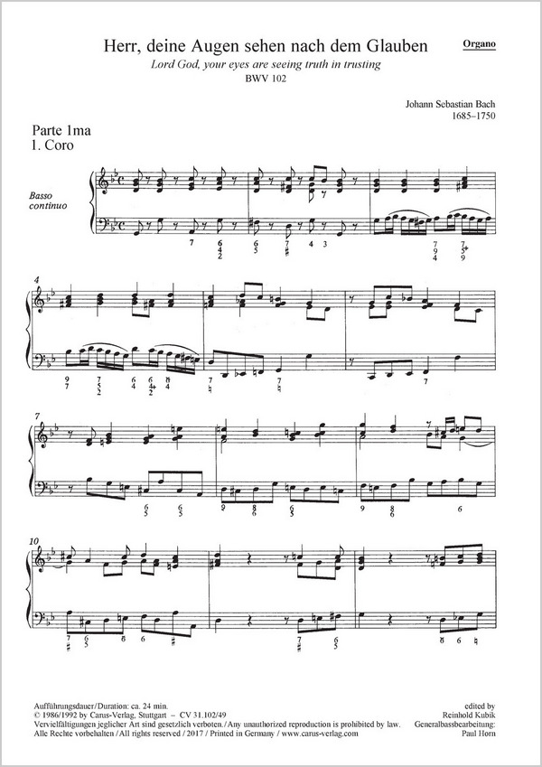 Herr deine Augen sehen nach dem Glauben BWV102&nbsp;&nbsp;für Soli, gem Chor, Flöte, 2 Oboen, 2 Violinen, Viola, Bc&nbsp;&nbsp;Orgel