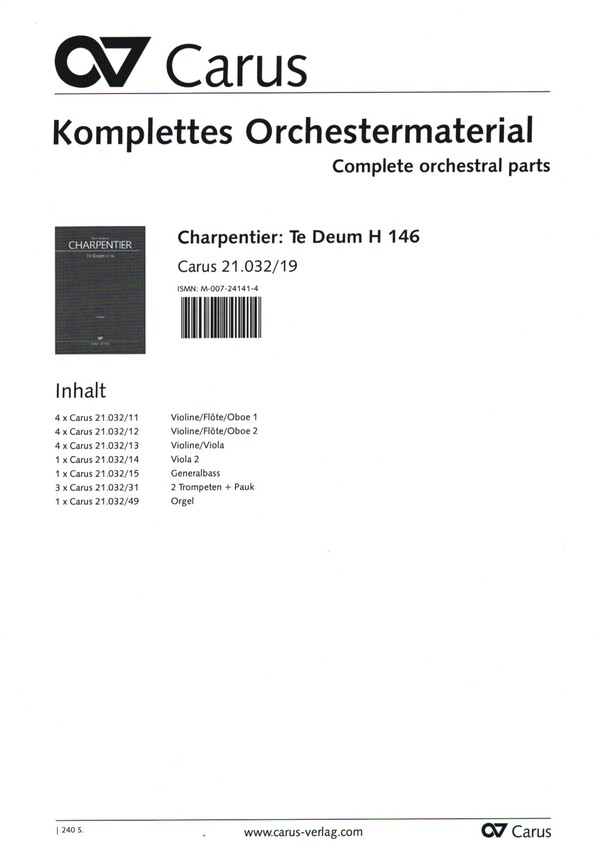 Te Deum H146&nbsp;&nbsp;für Soli, gem Chor und Orchester&nbsp;&nbsp;Stimmenset, komplettes Orchestermaterial