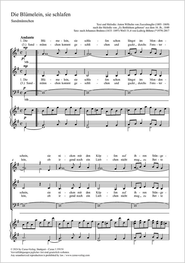 Böhme: Die Blümelein, sie schlafen&nbsp;&nbsp;Coro SSAM, Pfte&nbsp;&nbsp;Einzelausgabe aus Chorbuch