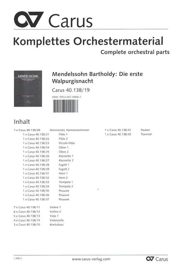 Die erste Walpurgisnacht MWVD3&nbsp;&nbsp;Soli ATBarB gem Chor und Orchester&nbsp;&nbsp;Stimmenset (Harmonie und Streicher 7-6-5-4-3)