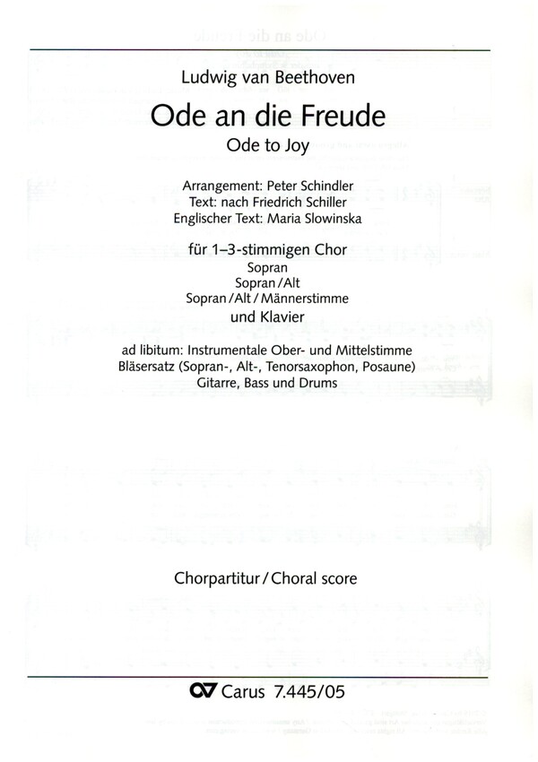 Ode an die Freude&nbsp;&nbsp;für 1-3 stimmigen Chor (SAM) und Klavier (Bläser/Band ad lib)&nbsp;&nbsp;Chorpartitur (dt/en)
