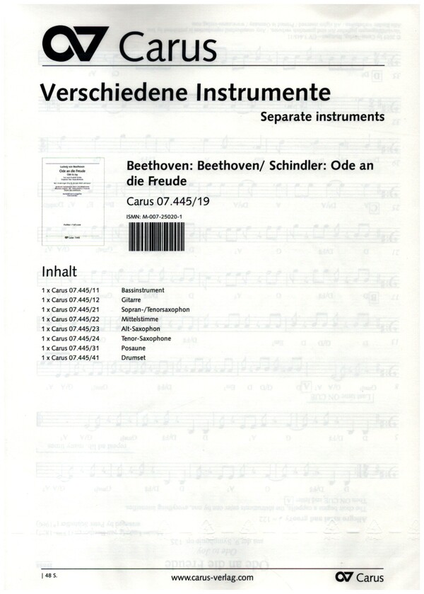 Ode an die Freude&nbsp;&nbsp;für 1-3 stimmigen Chor (SAM) und Klavier (Bläser/Band ad lib)&nbsp;&nbsp;Stimmenset