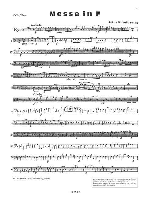 Diabelli, A., Messe in F op. 49  für Chor und Orchester  Violoncello/Kontrabass