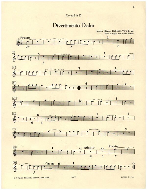 Divertimento D-Dur Hob.II:22  für 2 Hörner, 2 Violinen, Viola und Violoncello (Kontrabass ad lib)  Horn 1