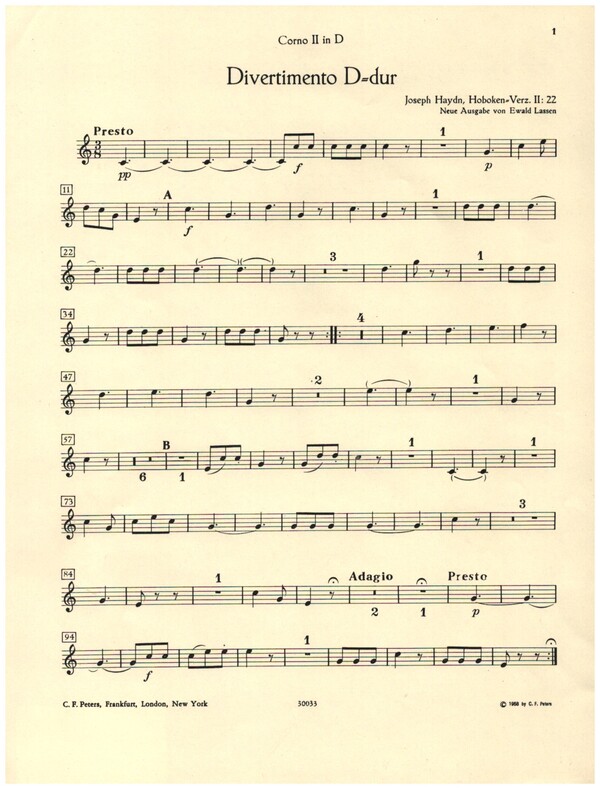 Divertimento D-Dur Hob.II:22  für 2 Hörner, 2 Violinen, Viola und Violoncello (Kontrabass ad lib)  Horn 2