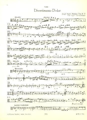 Divertimento D-Dur Hob.II:22  für 2 Hörner, 2 Violinen, Viola und Violoncello (Kontrabass ad lib)  Viola