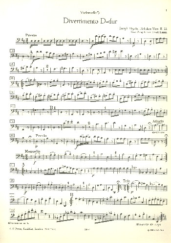 Divertimento D-Dur Hob.II:22  für 2 Hörner, 2 Violinen, Viola und Violoncello (Kontrabass ad lib)  Violoncello (Kontrabass)