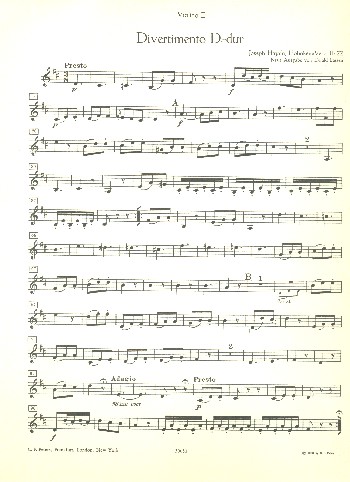 Divertimento D-Dur Hob.II:22  für 2 Hörner, 2 Violinen, Viola und Violoncello (Kontrabass ad lib)  Violine 2