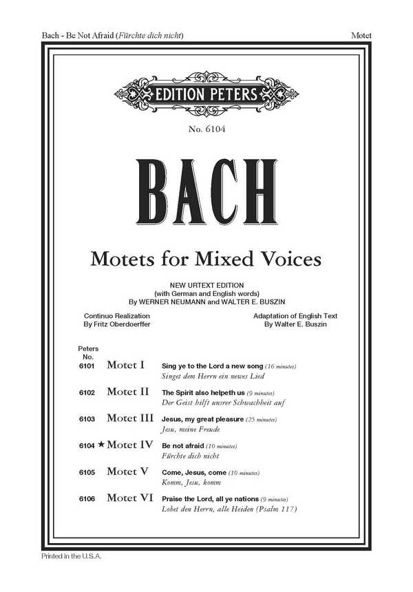 Bach, J.S.&nbsp;&nbsp;Fürchte dich nicht [Be Not Afraid] ...228, P., GH.&nbsp;&nbsp;Fürchte dich nicht BWV 228(P)