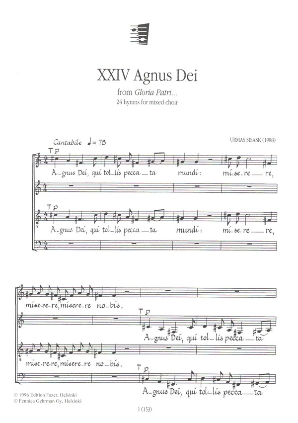 Agnus Dei from 'Gloria Patri' op.17  for mixed choir a cappella  score (la)