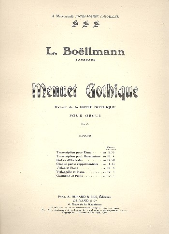 Menuet gothique de la Suite&nbsp;&nbsp;gothique op.25 pour&nbsp;&nbsp;violoncelle et piano