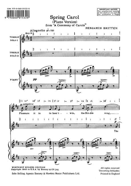 A Ceremony of Carols op. 28  für Kinderchor (Frauenchor) (SS) und Harfe (Klavier)  Chorpartitur