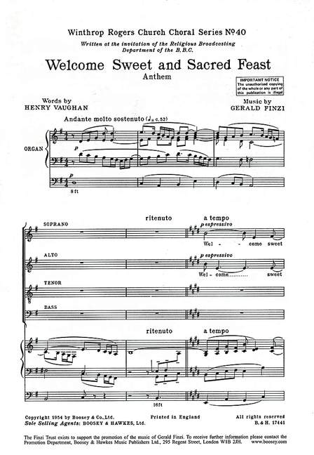 Welcome, Sweet and Sacred Feast op. 27/3 Nr. 40  für gemischter Chor (SATB) und Orgel  Chorpartitur