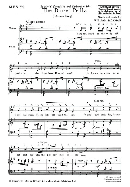 Jackman, William: The Dorset Pedlar In G MFS 739&nbsp;&nbsp;für Gesang und Klavier&nbsp;&nbsp;