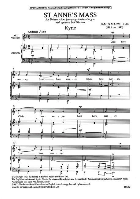 St. Anne's Mass&nbsp;&nbsp;für Chor unisono (Gemeinde) und Orgel (gem Chor ad lib)&nbsp;&nbsp;Partitur