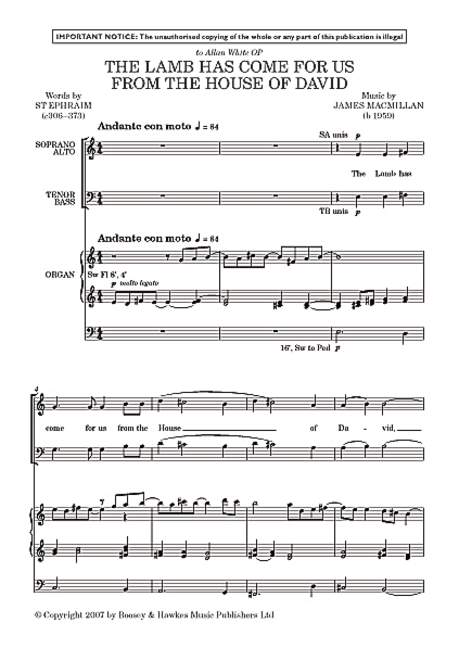 The Lamb has come for us from the House of David&nbsp;&nbsp;für gemischter Chor (SATB) und Orgel&nbsp;&nbsp;Chorpartitur