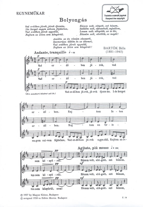 Bartók Béla Bolyongás&nbsp;&nbsp;for equal voices&nbsp;&nbsp;Upper Voices