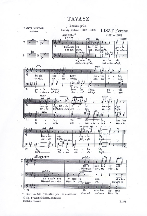 Liszt Ferenc Tavasz (Saatengrün)&nbsp;&nbsp;&nbsp;&nbsp;Lower Voices