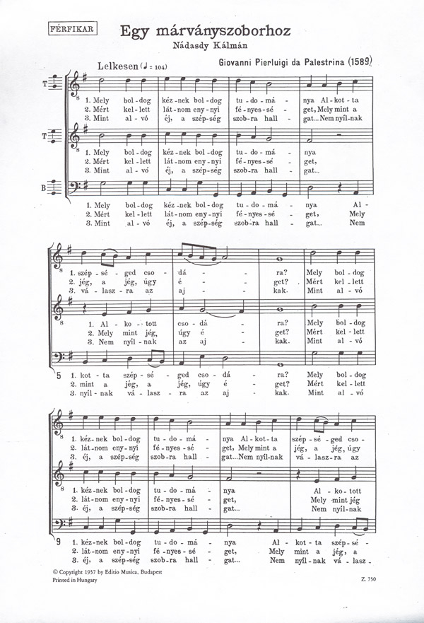 Palestrina, Giovanni Pierluigi da Egy márványszoborhoz&nbsp;&nbsp;&nbsp;&nbsp;Lower Voices