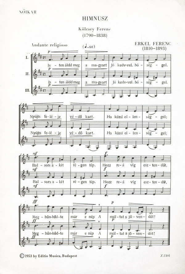 Hungarian National Anthem  for 3-part upper voices a cappella  score (ung)